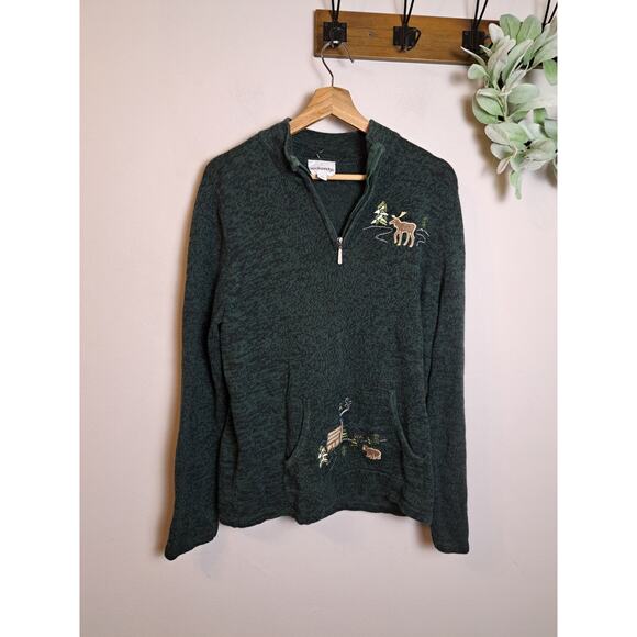Breckenridge WOMENS 1/4 Zip Pullover Sweater Green Black Marled Scenic Pocket M - Picture 1 of 6